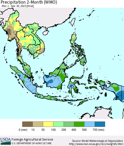 South East Asia Precipitation 2-Month (WMO) Thematic Map For 3/1/2023 - 4/30/2023
