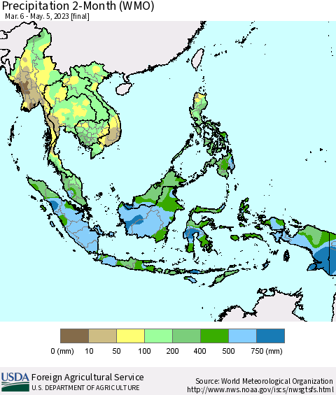 South East Asia Precipitation 2-Month (WMO) Thematic Map For 3/6/2023 - 5/5/2023