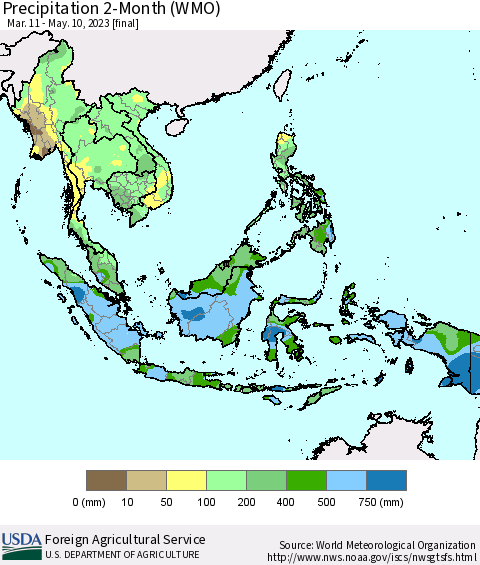 South East Asia Precipitation 2-Month (WMO) Thematic Map For 3/11/2023 - 5/10/2023