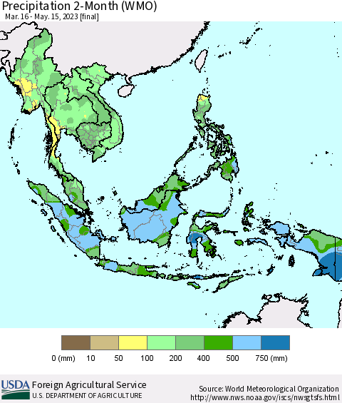 South East Asia Precipitation 2-Month (WMO) Thematic Map For 3/16/2023 - 5/15/2023
