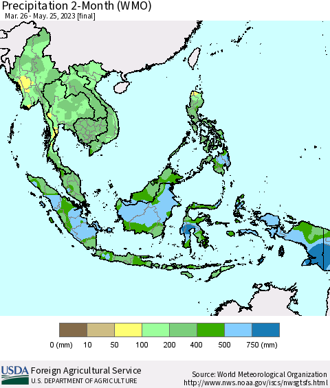 South East Asia Precipitation 2-Month (WMO) Thematic Map For 3/26/2023 - 5/25/2023