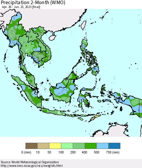 South East Asia Precipitation 2-Month (WMO) Thematic Map For 4/26/2023 - 6/25/2023