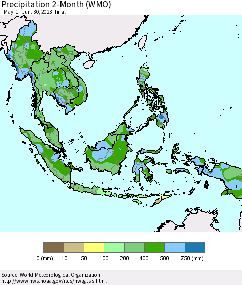 South East Asia Precipitation 2-Month (WMO) Thematic Map For 5/1/2023 - 6/30/2023