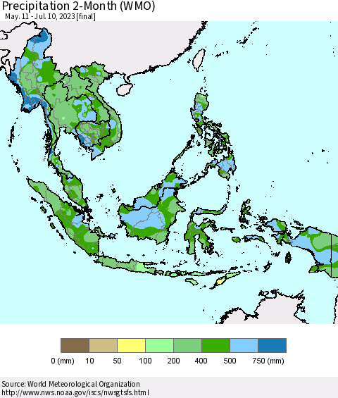 South East Asia Precipitation 2-Month (WMO) Thematic Map For 5/11/2023 - 7/10/2023