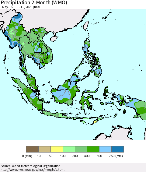 South East Asia Precipitation 2-Month (WMO) Thematic Map For 5/16/2023 - 7/15/2023