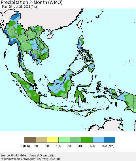 South East Asia Precipitation 2-Month (WMO) Thematic Map For 5/26/2023 - 7/25/2023