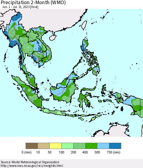 South East Asia Precipitation 2-Month (WMO) Thematic Map For 6/1/2023 - 7/31/2023
