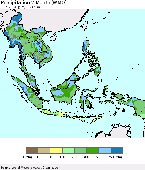 South East Asia Precipitation 2-Month (WMO) Thematic Map For 6/26/2023 - 8/25/2023