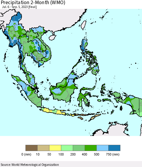 South East Asia Precipitation 2-Month (WMO) Thematic Map For 7/6/2023 - 9/5/2023