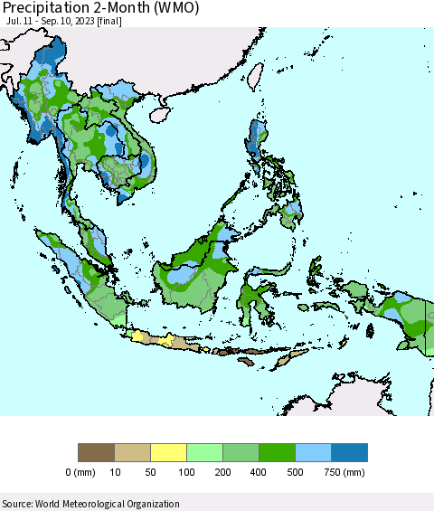 South East Asia Precipitation 2-Month (WMO) Thematic Map For 7/11/2023 - 9/10/2023