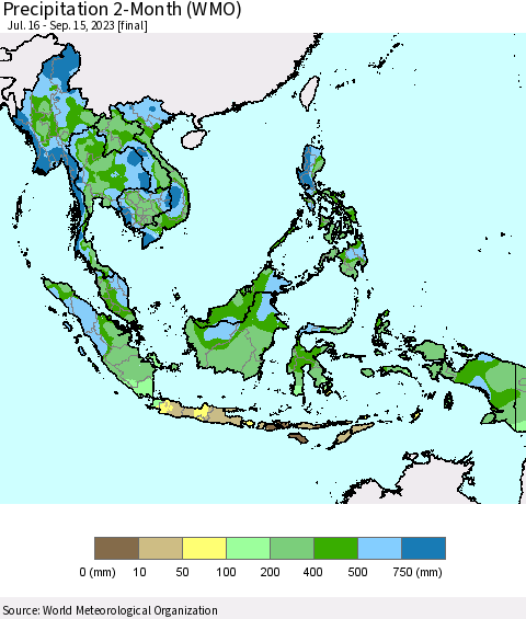 South East Asia Precipitation 2-Month (WMO) Thematic Map For 7/16/2023 - 9/15/2023
