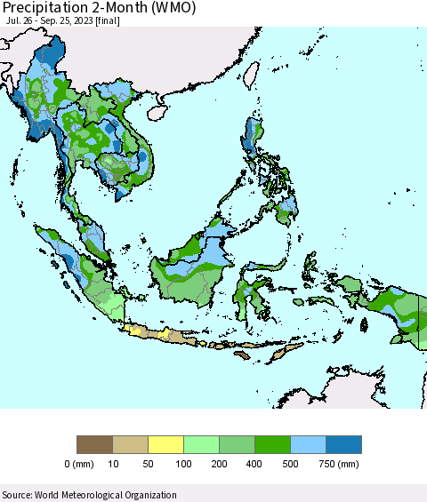 South East Asia Precipitation 2-Month (WMO) Thematic Map For 7/26/2023 - 9/25/2023