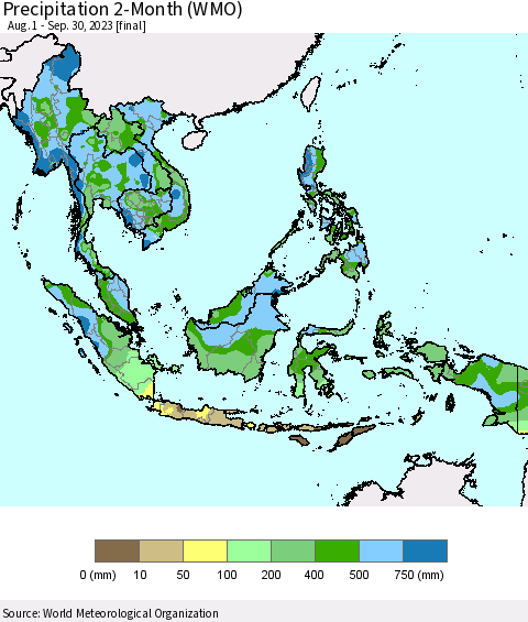 South East Asia Precipitation 2-Month (WMO) Thematic Map For 8/1/2023 - 9/30/2023