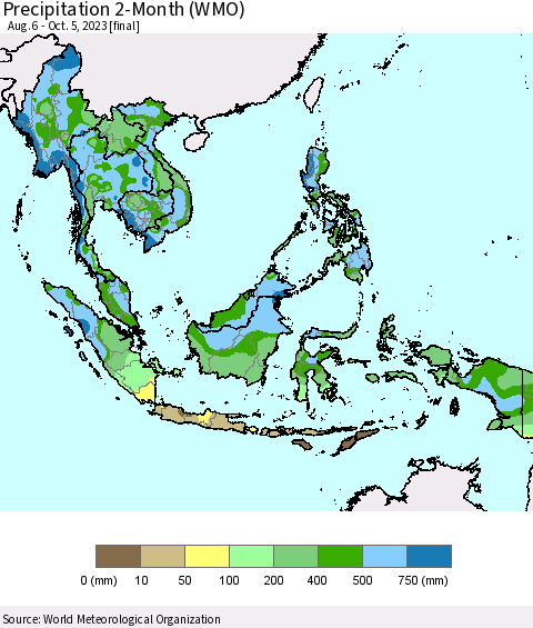 South East Asia Precipitation 2-Month (WMO) Thematic Map For 8/6/2023 - 10/5/2023