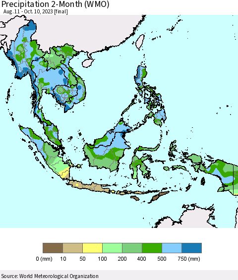 South East Asia Precipitation 2-Month (WMO) Thematic Map For 8/11/2023 - 10/10/2023