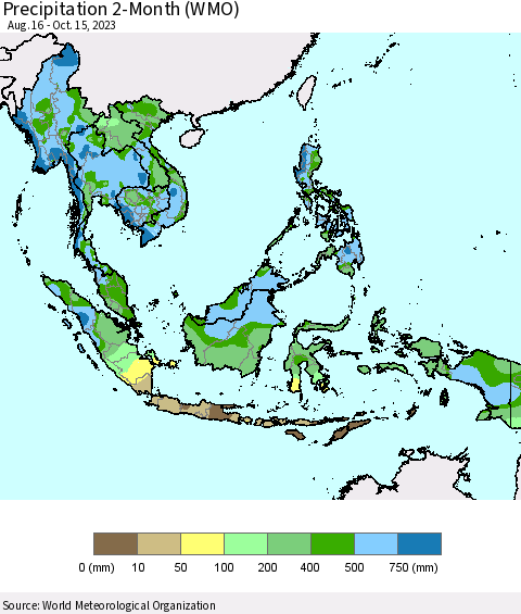 South East Asia Precipitation 2-Month (WMO) Thematic Map For 8/16/2023 - 10/15/2023