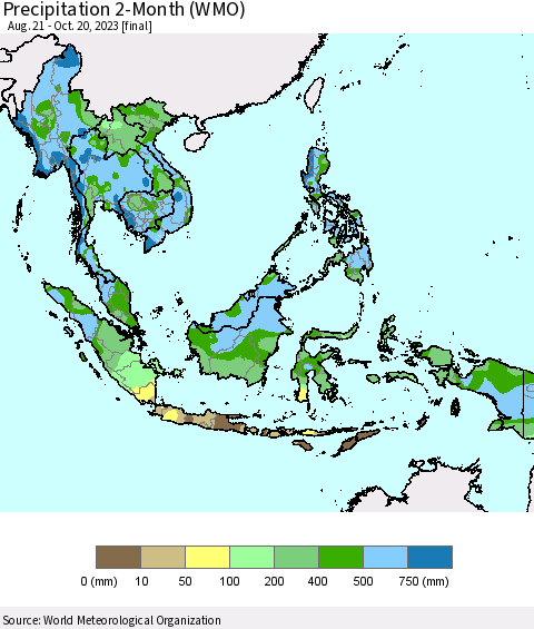 South East Asia Precipitation 2-Month (WMO) Thematic Map For 8/21/2023 - 10/20/2023