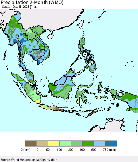 South East Asia Precipitation 2-Month (WMO) Thematic Map For 9/1/2023 - 10/31/2023
