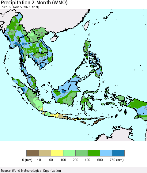 South East Asia Precipitation 2-Month (WMO) Thematic Map For 9/6/2023 - 11/5/2023