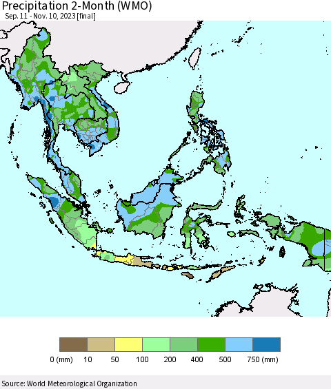 South East Asia Precipitation 2-Month (WMO) Thematic Map For 9/11/2023 - 11/10/2023