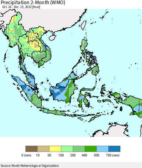South East Asia Precipitation 2-Month (WMO) Thematic Map For 10/16/2023 - 12/15/2023