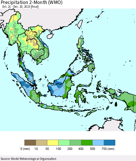 South East Asia Precipitation 2-Month (WMO) Thematic Map For 10/21/2023 - 12/20/2023