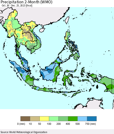 South East Asia Precipitation 2-Month (WMO) Thematic Map For 10/26/2023 - 12/25/2023