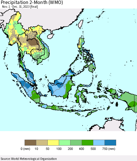 South East Asia Precipitation 2-Month (WMO) Thematic Map For 11/1/2023 - 12/31/2023
