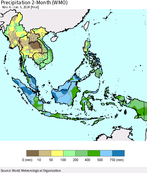 South East Asia Precipitation 2-Month (WMO) Thematic Map For 11/6/2023 - 1/5/2024