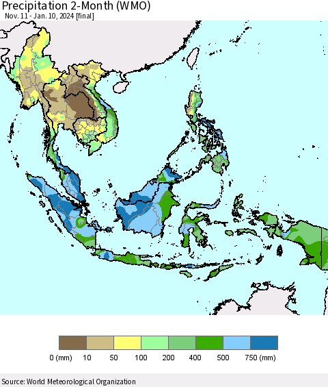 South East Asia Precipitation 2-Month (WMO) Thematic Map For 11/11/2023 - 1/10/2024