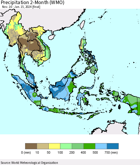 South East Asia Precipitation 2-Month (WMO) Thematic Map For 11/16/2023 - 1/15/2024