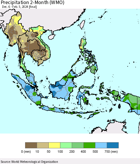 South East Asia Precipitation 2-Month (WMO) Thematic Map For 12/6/2023 - 2/5/2024