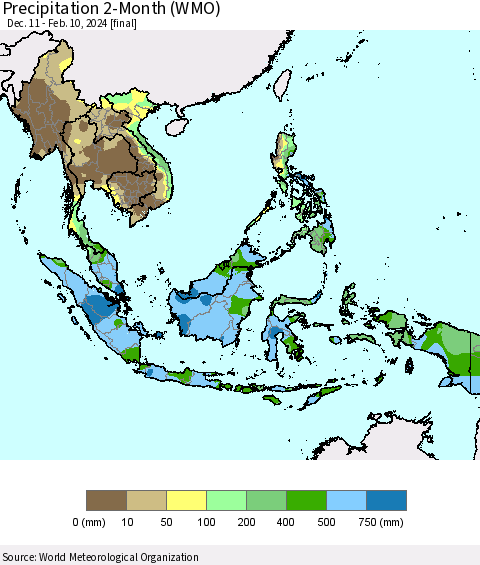 South East Asia Precipitation 2-Month (WMO) Thematic Map For 12/11/2023 - 2/10/2024