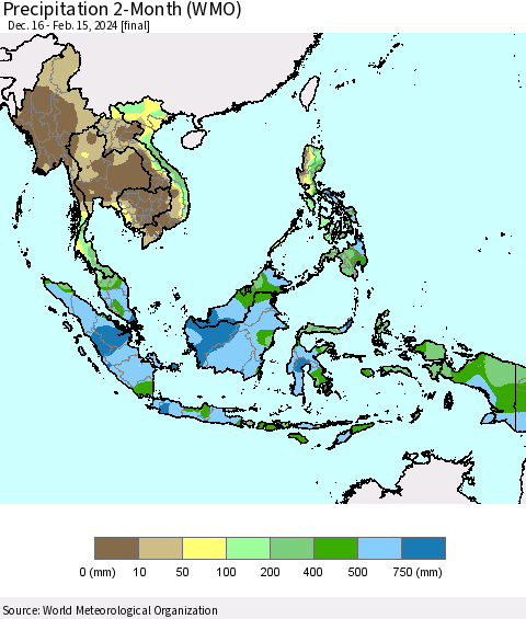 South East Asia Precipitation 2-Month (WMO) Thematic Map For 12/16/2023 - 2/15/2024