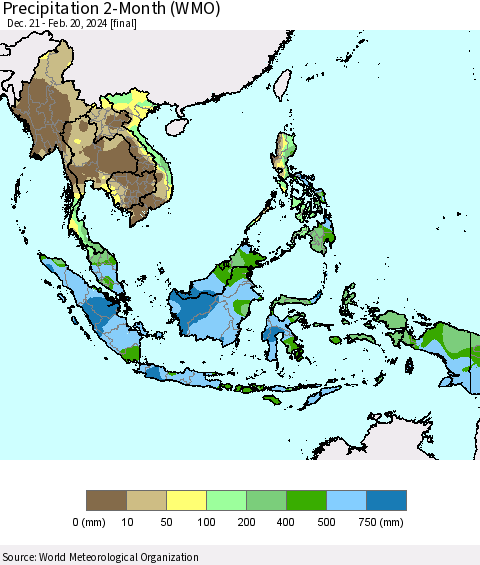 South East Asia Precipitation 2-Month (WMO) Thematic Map For 12/21/2023 - 2/20/2024