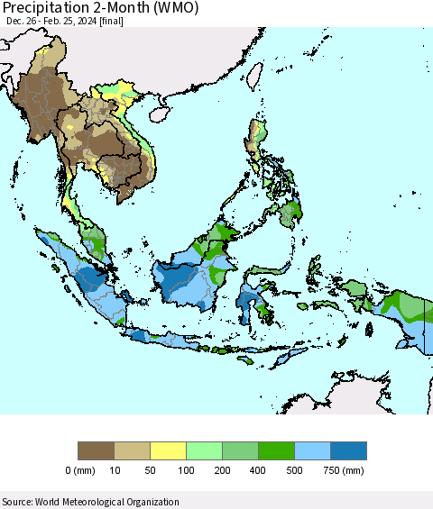 South East Asia Precipitation 2-Month (WMO) Thematic Map For 12/26/2023 - 2/25/2024