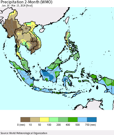 South East Asia Precipitation 2-Month (WMO) Thematic Map For 1/16/2024 - 3/15/2024