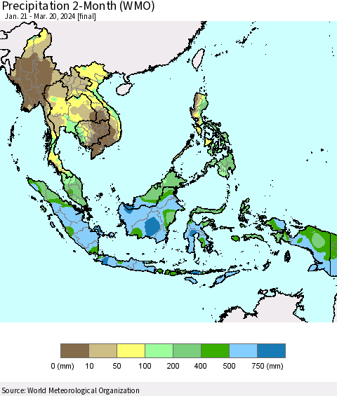 South East Asia Precipitation 2-Month (WMO) Thematic Map For 1/21/2024 - 3/20/2024