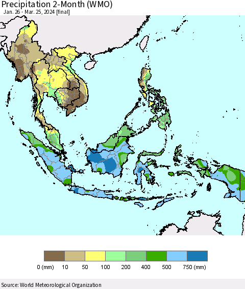 South East Asia Precipitation 2-Month (WMO) Thematic Map For 1/26/2024 - 3/25/2024