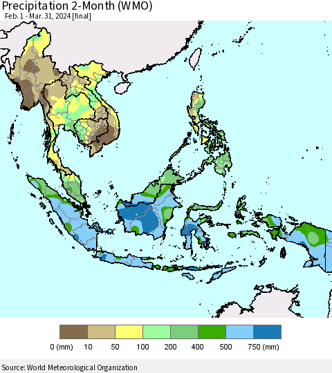 South East Asia Precipitation 2-Month (WMO) Thematic Map For 2/1/2024 - 3/31/2024