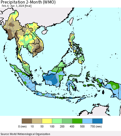 South East Asia Precipitation 2-Month (WMO) Thematic Map For 2/6/2024 - 4/5/2024