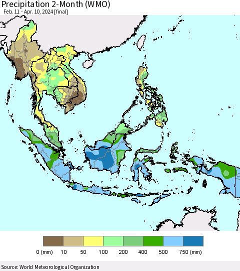 South East Asia Precipitation 2-Month (WMO) Thematic Map For 2/11/2024 - 4/10/2024