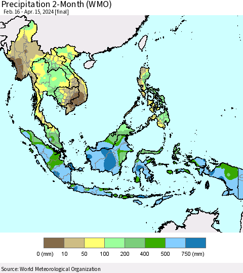 South East Asia Precipitation 2-Month (WMO) Thematic Map For 2/16/2024 - 4/15/2024