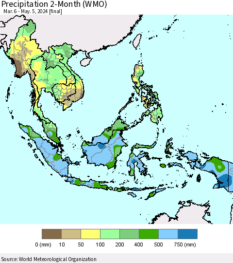 South East Asia Precipitation 2-Month (WMO) Thematic Map For 3/6/2024 - 5/5/2024