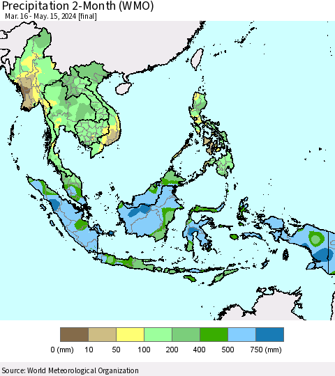 South East Asia Precipitation 2-Month (WMO) Thematic Map For 3/16/2024 - 5/15/2024
