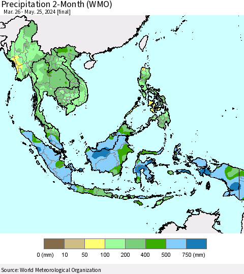 South East Asia Precipitation 2-Month (WMO) Thematic Map For 3/26/2024 - 5/25/2024