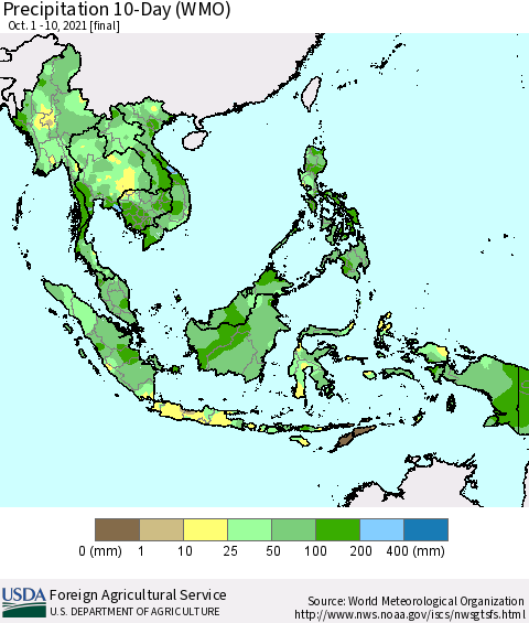 South East Asia Precipitation 10-Day (WMO) Thematic Map For 10/1/2021 - 10/10/2021