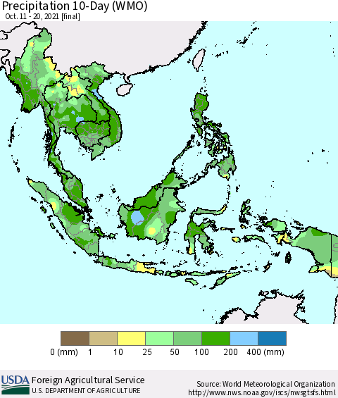 South East Asia Precipitation 10-Day (WMO) Thematic Map For 10/11/2021 - 10/20/2021