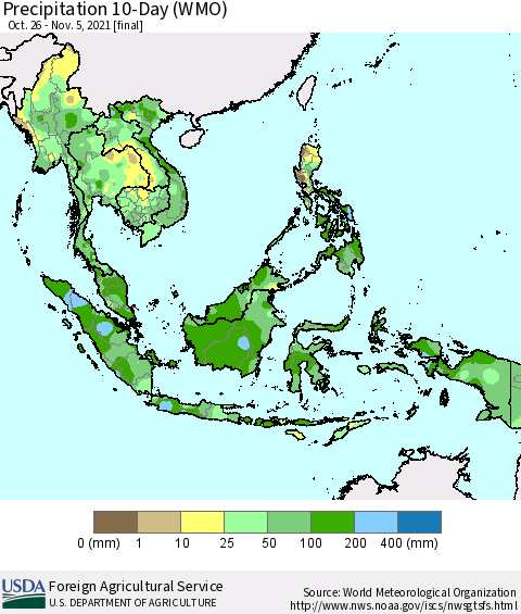 South East Asia Precipitation 10-Day (WMO) Thematic Map For 10/26/2021 - 11/5/2021