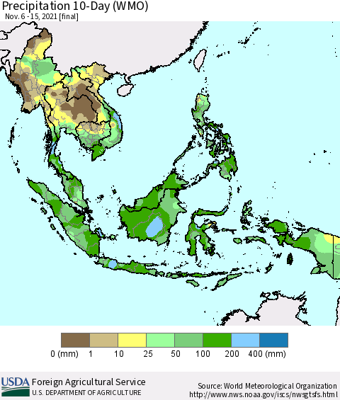 South East Asia Precipitation 10-Day (WMO) Thematic Map For 11/6/2021 - 11/15/2021